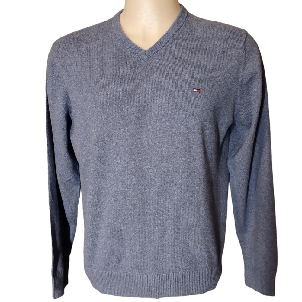 Tommy Hilfiger Sweater Men's Large V-Neck Pima Cotton Cashmere Blue Preppy Logo